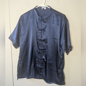 100% Silk Vintage Cambodia Kimono Women Top Short Sleeve Dark Blue Size M